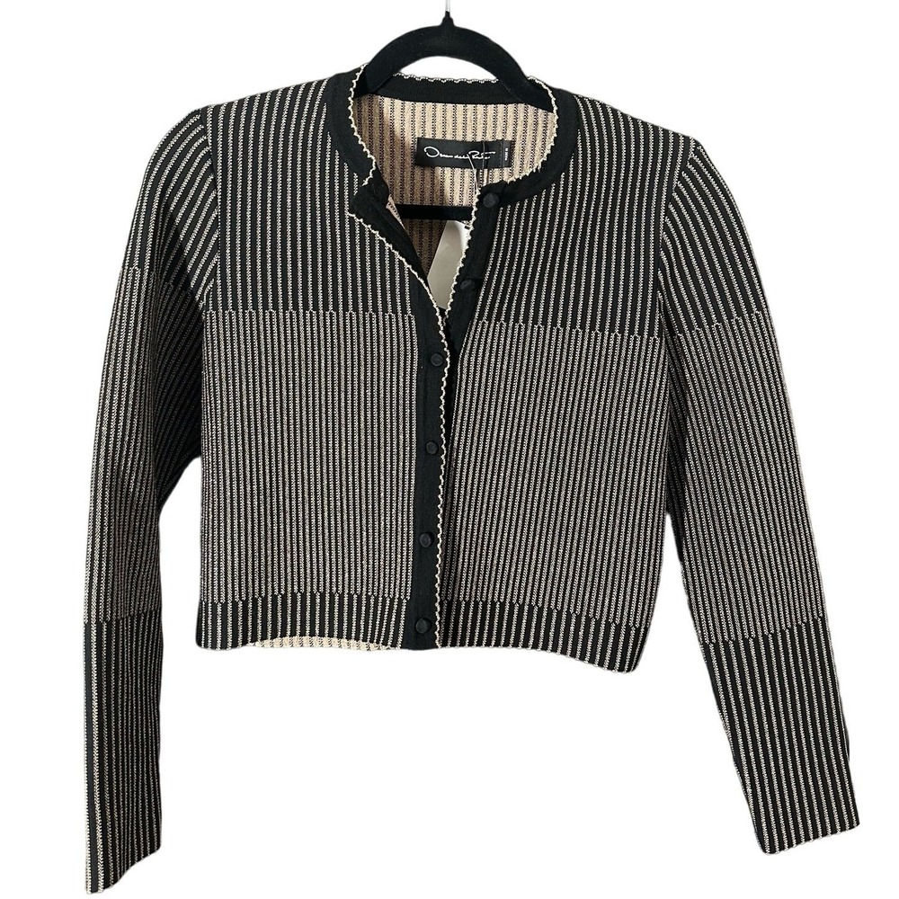 NEW Oscar de la Renta Black Gold Jacquard Knit Cropped Cardigan Size Small
